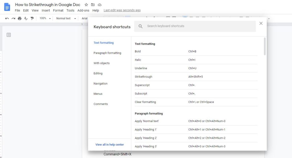 google doc keyboard shortcut