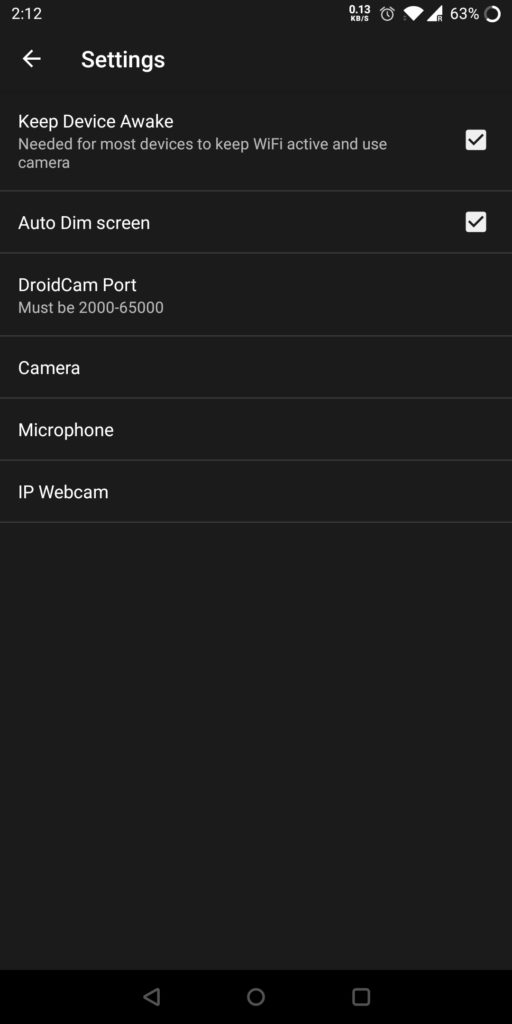 DroidCam Settings