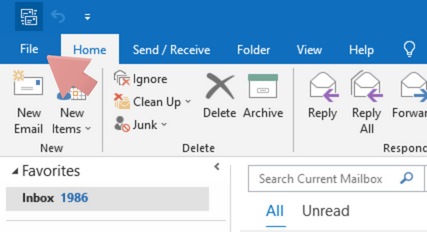 The File menu location in Outlook