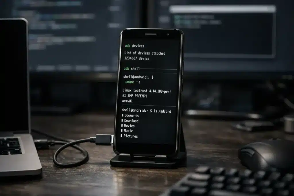 Programmers workspace with ADB commands
