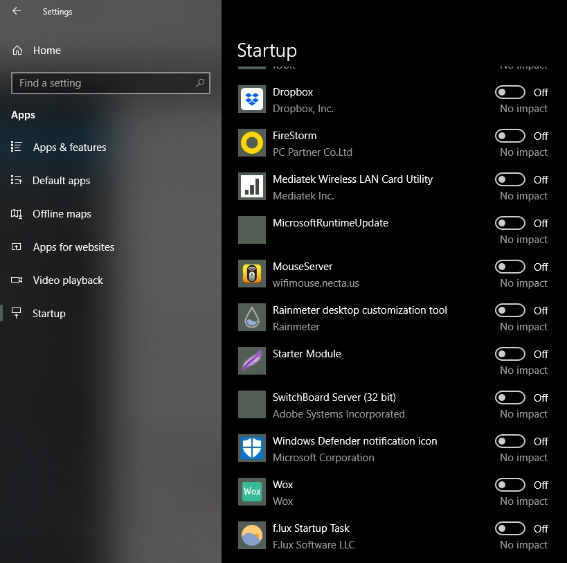 Windows 10 All Settings Startup Apps