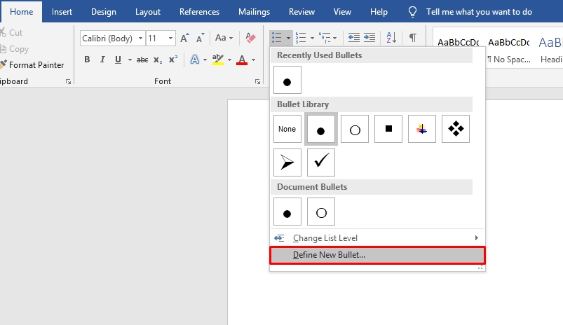 define new bullet in ms word