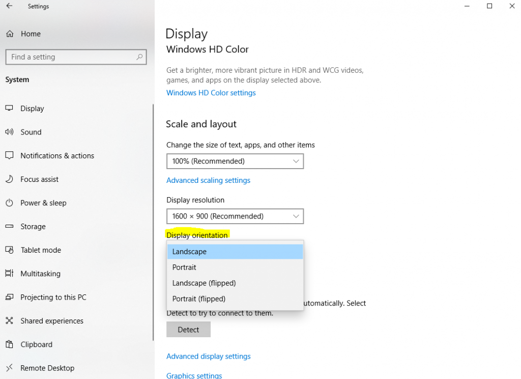 display orientation setting