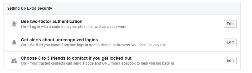 facebook settings extra security screen