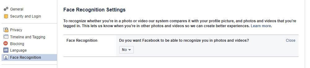 facebook settings face recognition screen