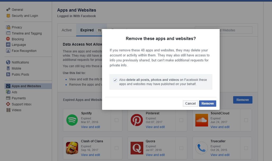 facebook settings remove apps and website
