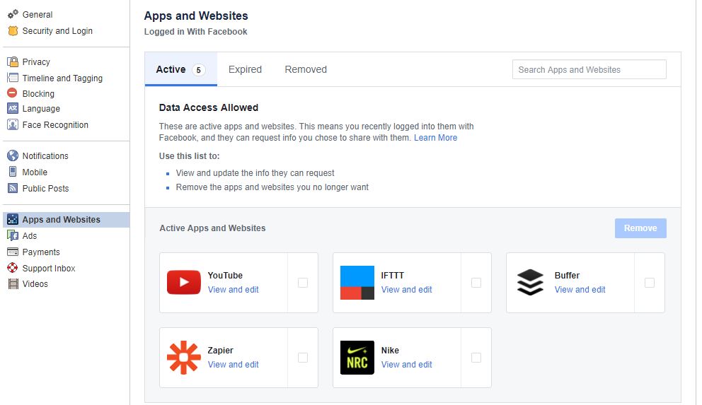 facebook settings screen Apps and websites authorized