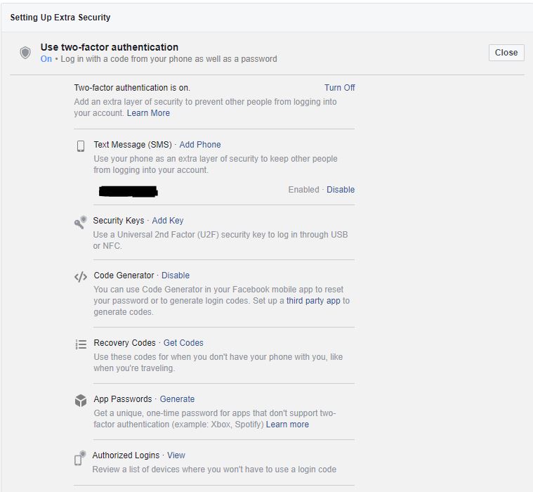 facebook settings two factor authentication screen