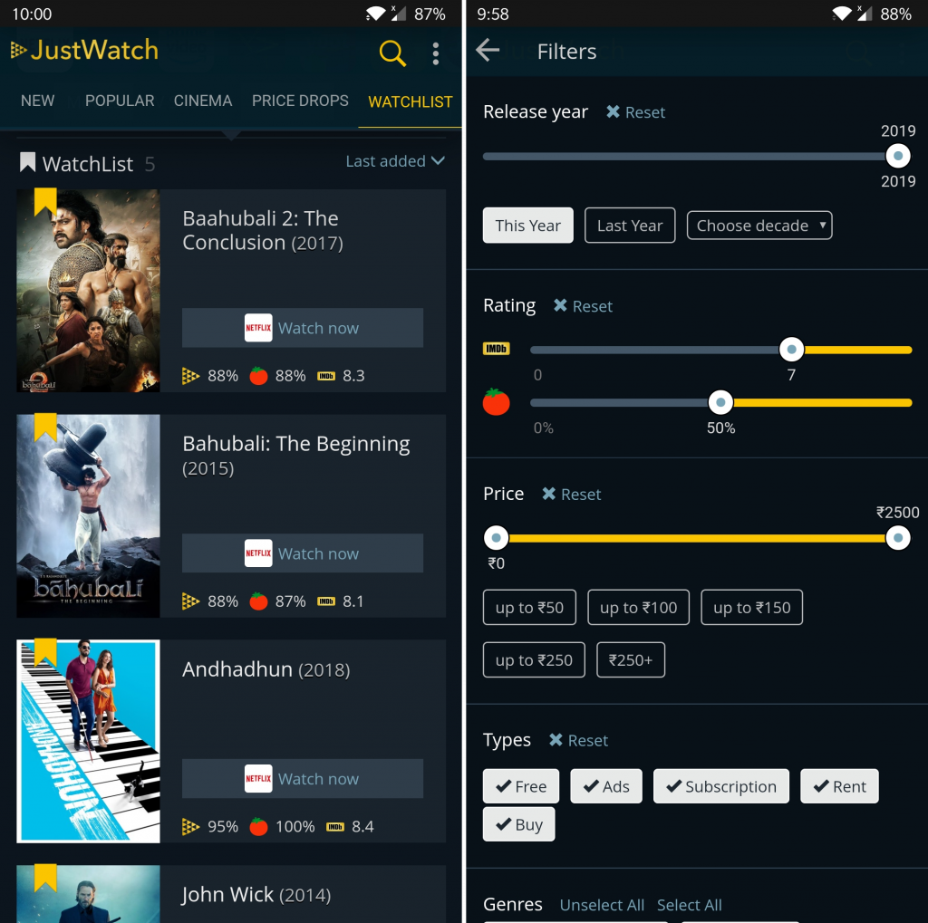 justwatch filter and watchlist