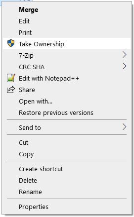 take ownership in right click context menu windows